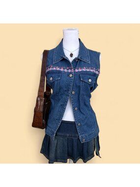 90s denim floral cottagecore western jean vest